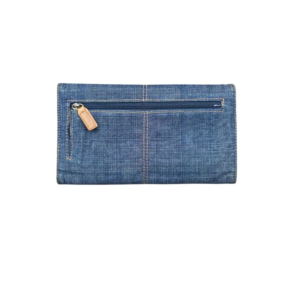 Guess Y2K Denim Trifold Wallet with Tan Leather Trim Blue Jean Clutch - Picture 2 of 8